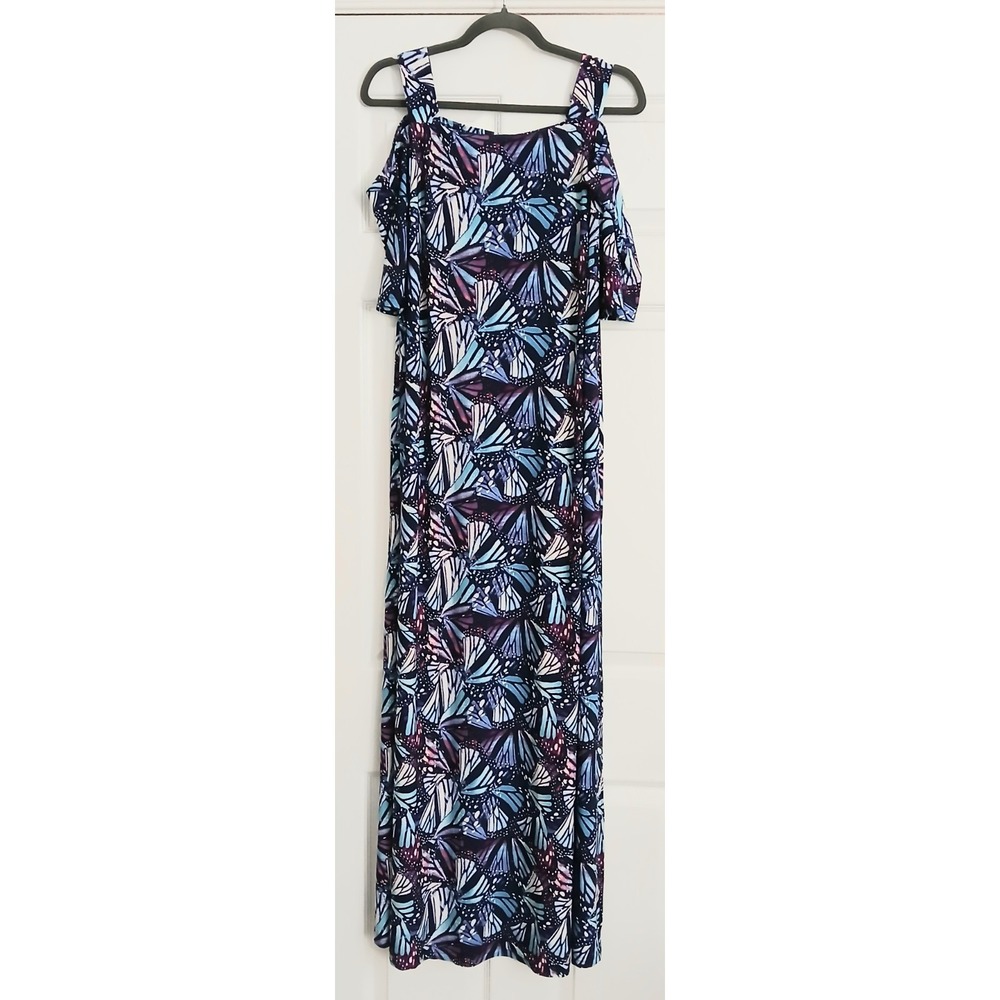 Roamans Maxi Dress 14/16 Butterfly Purple Blue Cold Shoulder Garden Whimsical